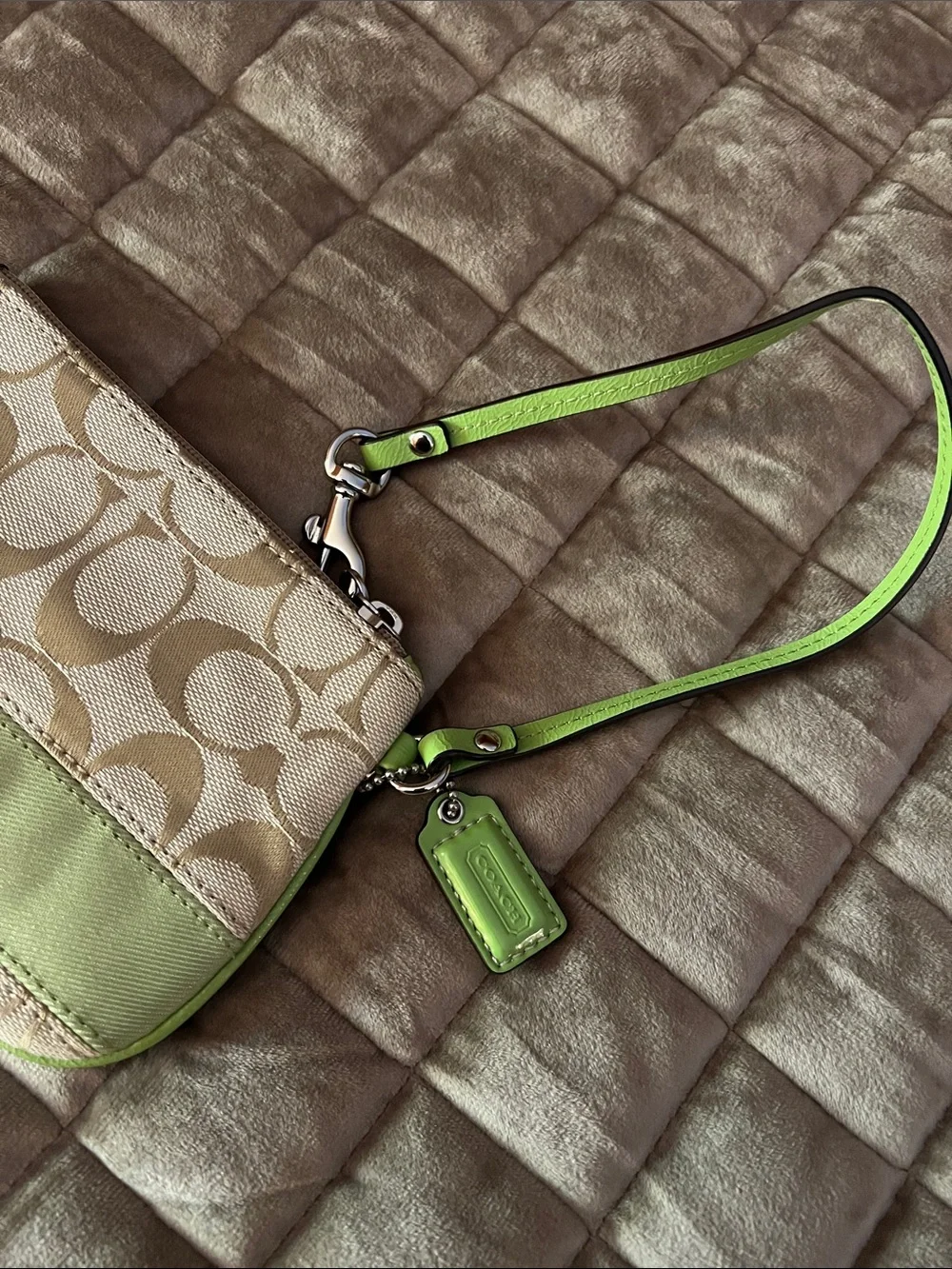 Coach Khaki Jacquard Wristlet with Lime Trim